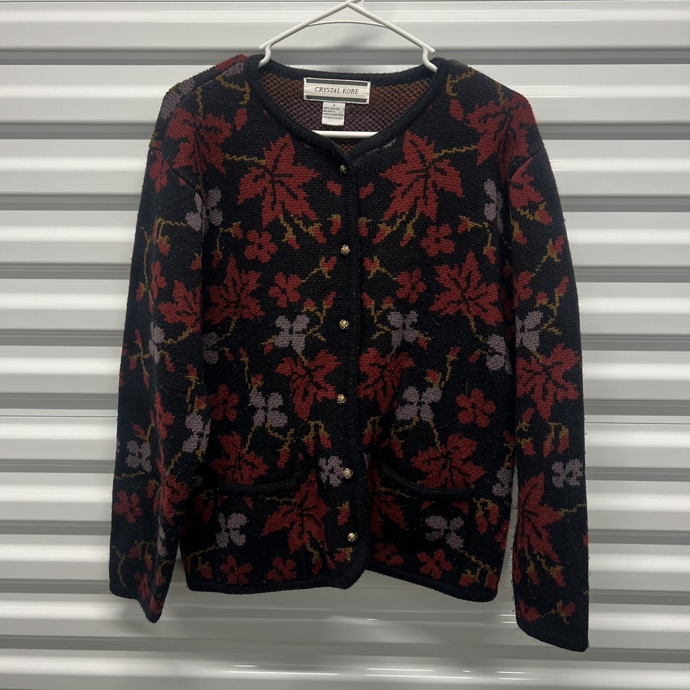 Crystal Kobe Cardigan Sweater Size S Womens Black Red Floral Leaf Button‎ Front